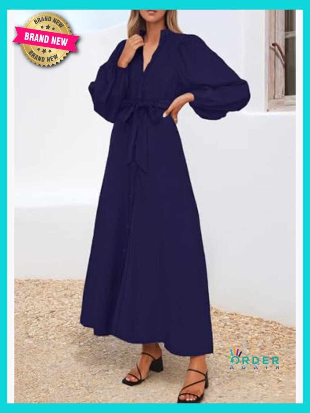 Boho Floral Maxi Dress Long Sleeve Button Down Belted with Pockets Loose Fit - Picture 6 of 7